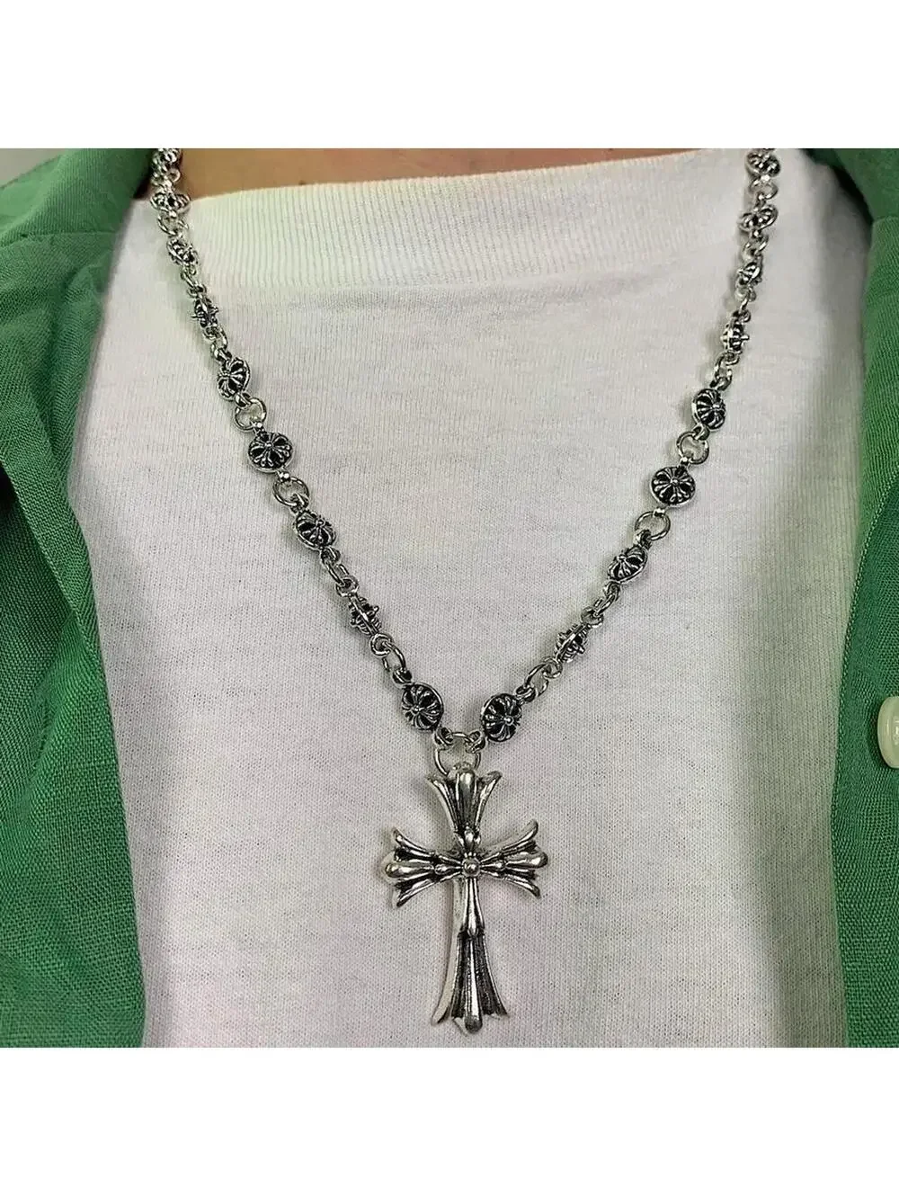 Grunge Cyber y2k silver gothic cross long necklace chain. 24 inches length